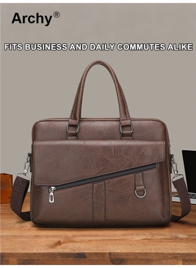 Men Briefcase Leather Office Bags 14" Laptop Bag Doctor Lawyer Computer Bag Totes Male Vintage Business Man Bag Portable Handbag Messenger Bag Trendy Briefcase for Work